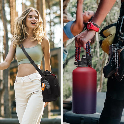 32/40/64OZ Insulated Water Bottle - Keep Cold 48H Hot 24H, Combo Straw/Spout Lids, Paracord Handle for Gym/Hiking, Carrier Bag +Strap, Cup Mat, BPA-Free Stainless Steel Flask Jug