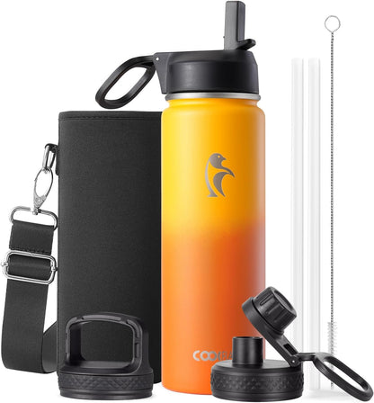 Half Gallon Water Bottle Insulated with Straw & 3 Lids, Coolflask 64 oz Water Jug Large Metal Stainless Steel Wide Mouth for Sports, Gym or Office, Non-BPA Keep Cold 48H Hot 24H, Samurai Cyan