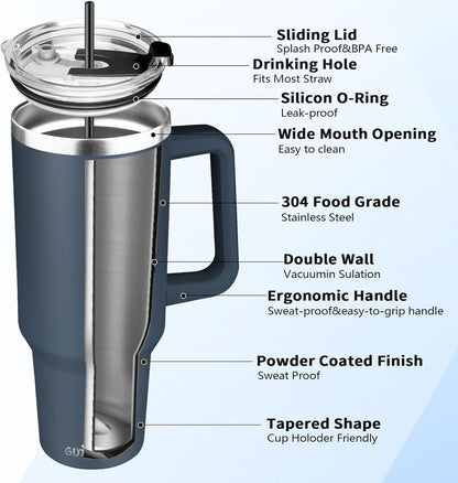 40 oz Tumbler with Handle, Insulated Tumbler with Lid and Straw, Reusable Stainless Steel Vacuum Insulated Cup, 100% Leak Proof Thermal Travel Coffee Mug Cup for Cold and Hot (Light Purple)
