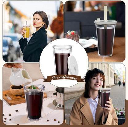 Honeydak 4 Pack 24 oz Reusable Iced Coffee Cups with Lids and Straws Leakproof Double Wall Insulated Clear Plastic Iced Coffee Tumblers with Straw Brushes