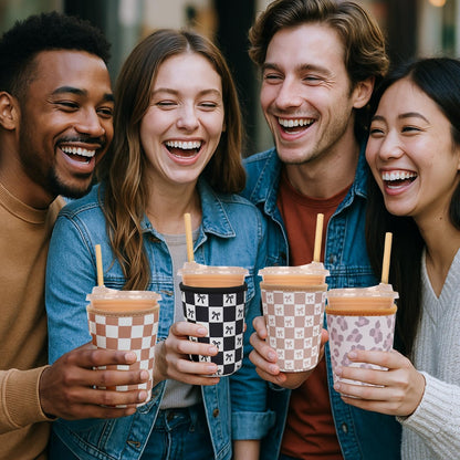 Reusable Insulated Neoprene Iced Coffee Cup Sleeve, Durable Drink Sleeve for Cold Beverages, Beverage Holder for Iced Coffee, Floral Checkers