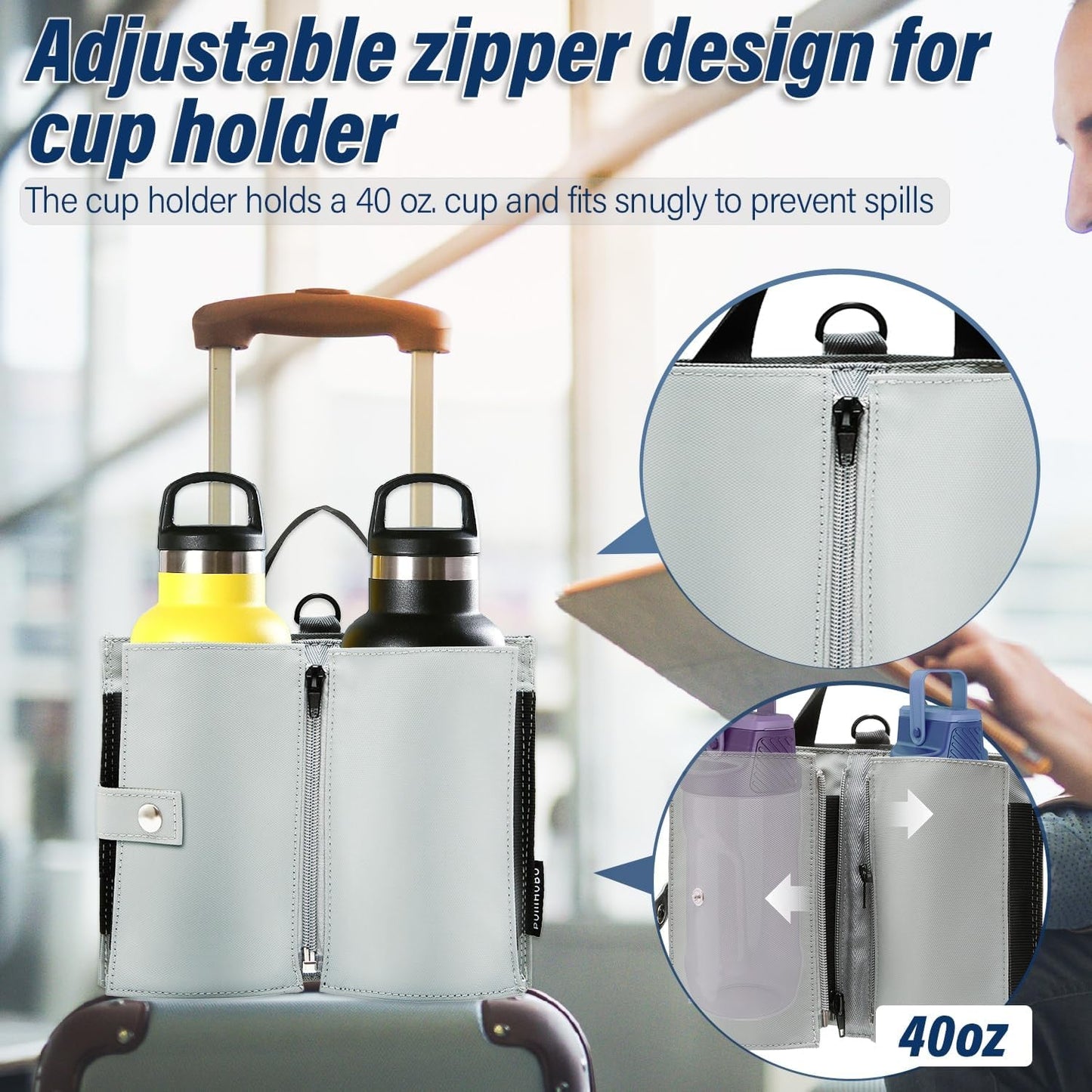 Luggage Cup Holder for Suitcases, Portable Foldable Travel Cup Holder with Handle and Hook, Luggage Drink Holder for Two Coffee Cups,Gift for Flight Attendants