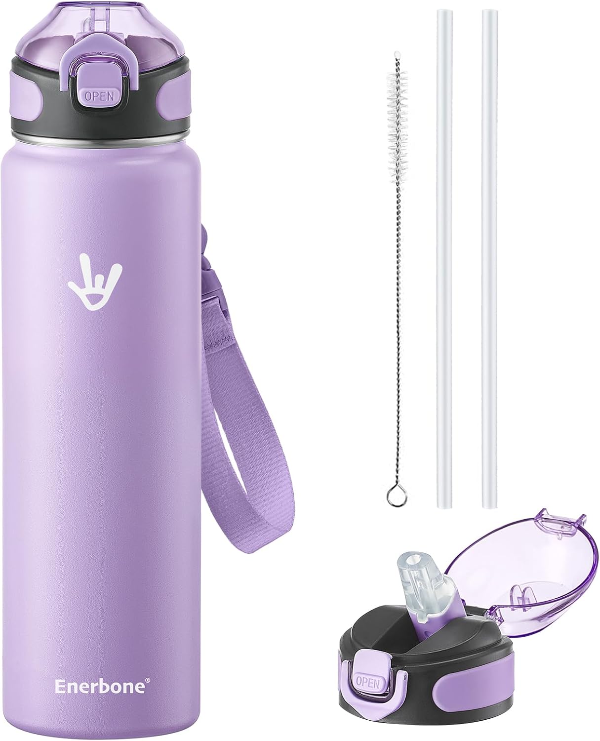 Enerbone 24 oz Insulated Water Bottle, Stainless Steel Bottle with Carrying Strap, Double-Wall Vacuum Insulation Design, Leakproof Sports Bottle with Straw, Keep Drinks Cold or Hot for Hours