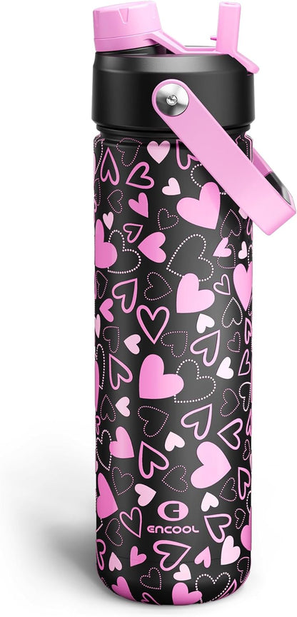 ENCOOL Insulated Water Bottle with Straw Stainless Steel Water Bottle, Leak-Proof, BPA-Free, Double Wall Vacuum Keeps Cold for 24 Hours for Sports, Travel, School (26 oz, Cotton Candy) - Colors D