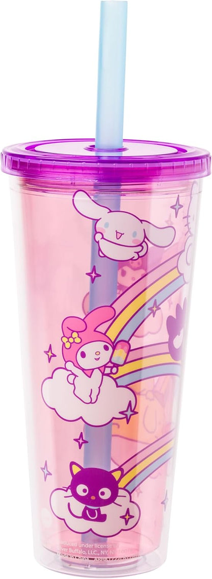 Silver Buffalo Sanrio Hello Kitty and Friends Plastic Boba Tumbler with Lid and Straw Featuring Hello Kitty, Cinnamorroll, Kuromi, My Melody, Badtz Maru, Keroppi, Chococat, and Pompompurin, 24 Ounces