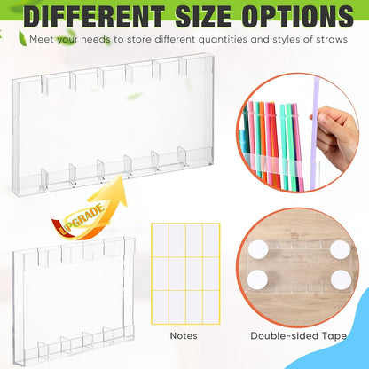 Qinyoung Acrylic Straw Holder for Cabinet Door with Double Sided Adhesive Tape Reusable Straw Organizer Tumbler Storage Kitchen Accessories Container for Counter Cupboard(Classic,Large,Transparent)