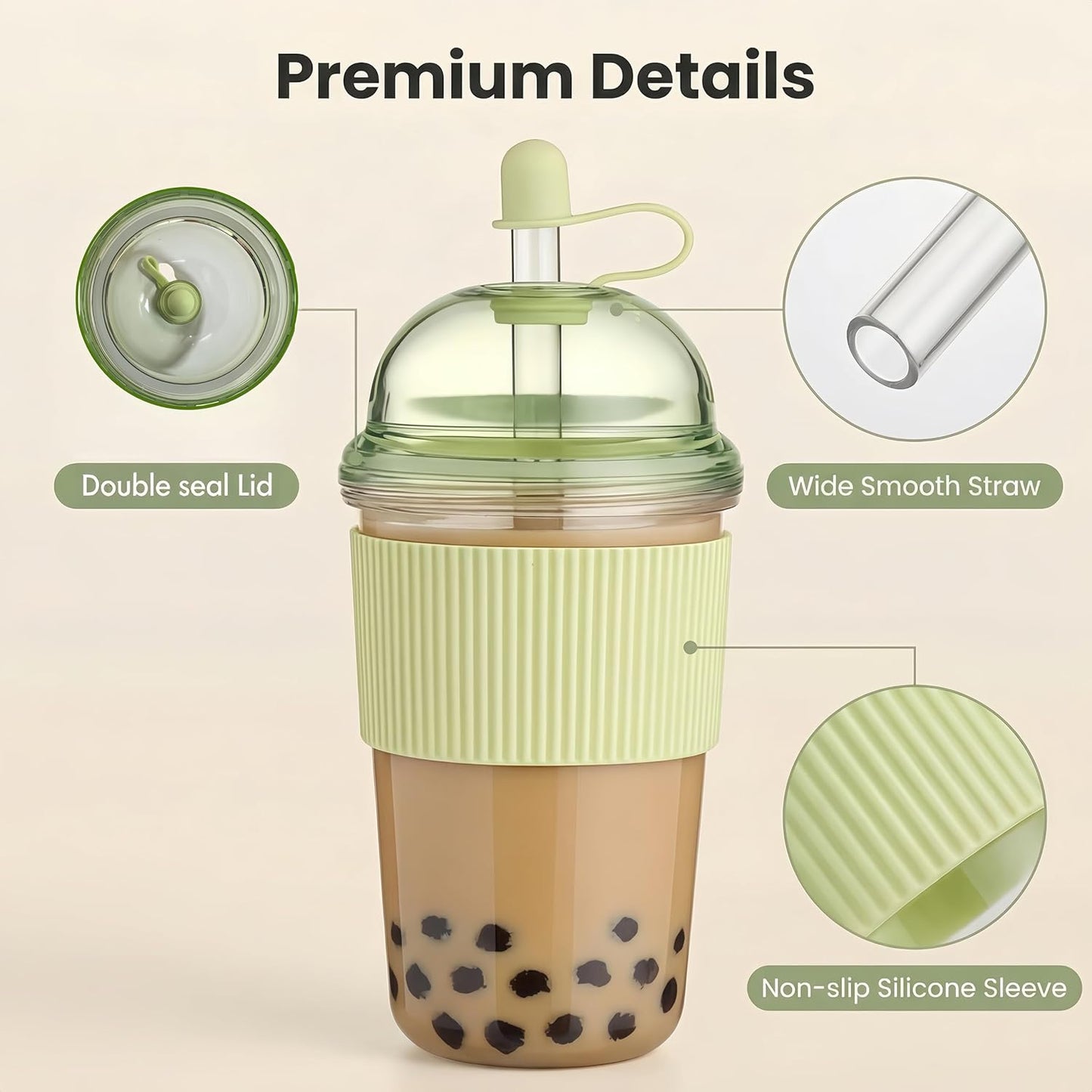 Reusable Ices Coffee Cups with Lids and Straws 17oz, Boba Cup with Straw, Tumbler with Silicone Sleeve for Cold Drinks, Iced Coffee, Bubble Tea Green