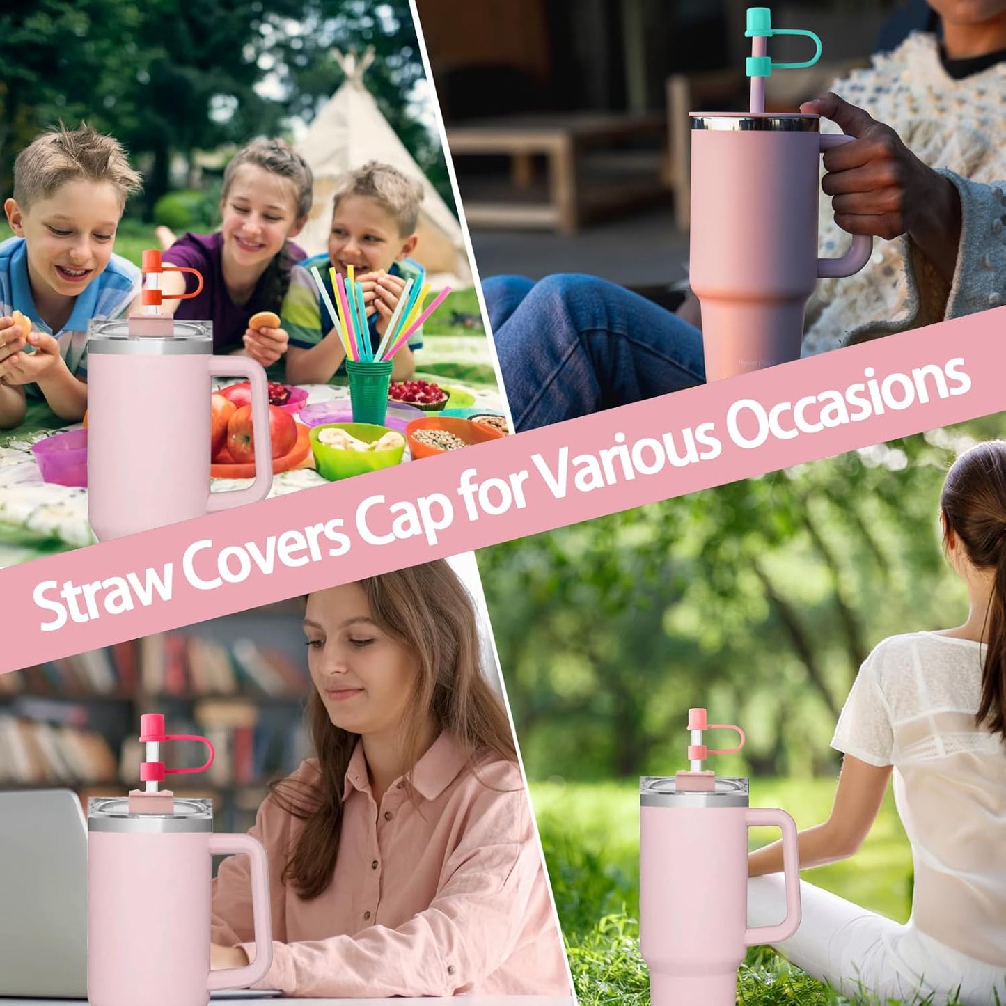 6PCS Silicone Straw Covers Cap Compatible with Stanley Cup 30-40 oz Tumbler with Handle 10mm Straw Toppers，Dust-Proof Reusable Straw Cover for Stanley Cup Accessories (Black)