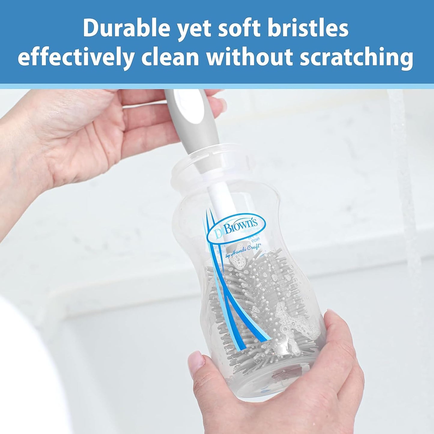 Dr. Brown's Soft Touch No Scratch Baby Bottle Cleaning Brush Nipple Cleaner with Stand and Storage Clip, BPA Free, Blue 1-Pack