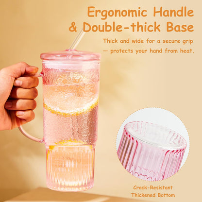 JunVpic Glass Cups with Lids and Straws,24oz Glass Tumbler with Handle Iced Coffee Cup for Coffee,Juice,Tea,Milk,Smoothie,Hot & Cold Drinks (Pink)