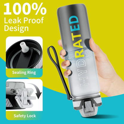 QLUR Water Bottle with Straw, 32oz Motivational Water Bottles with Time Marker to Drink, Tritan BPA Free, 1L Sports Water Bottle with Carry Strap LeakProof for Women Gym Fitness Outdoor (1 Pack)