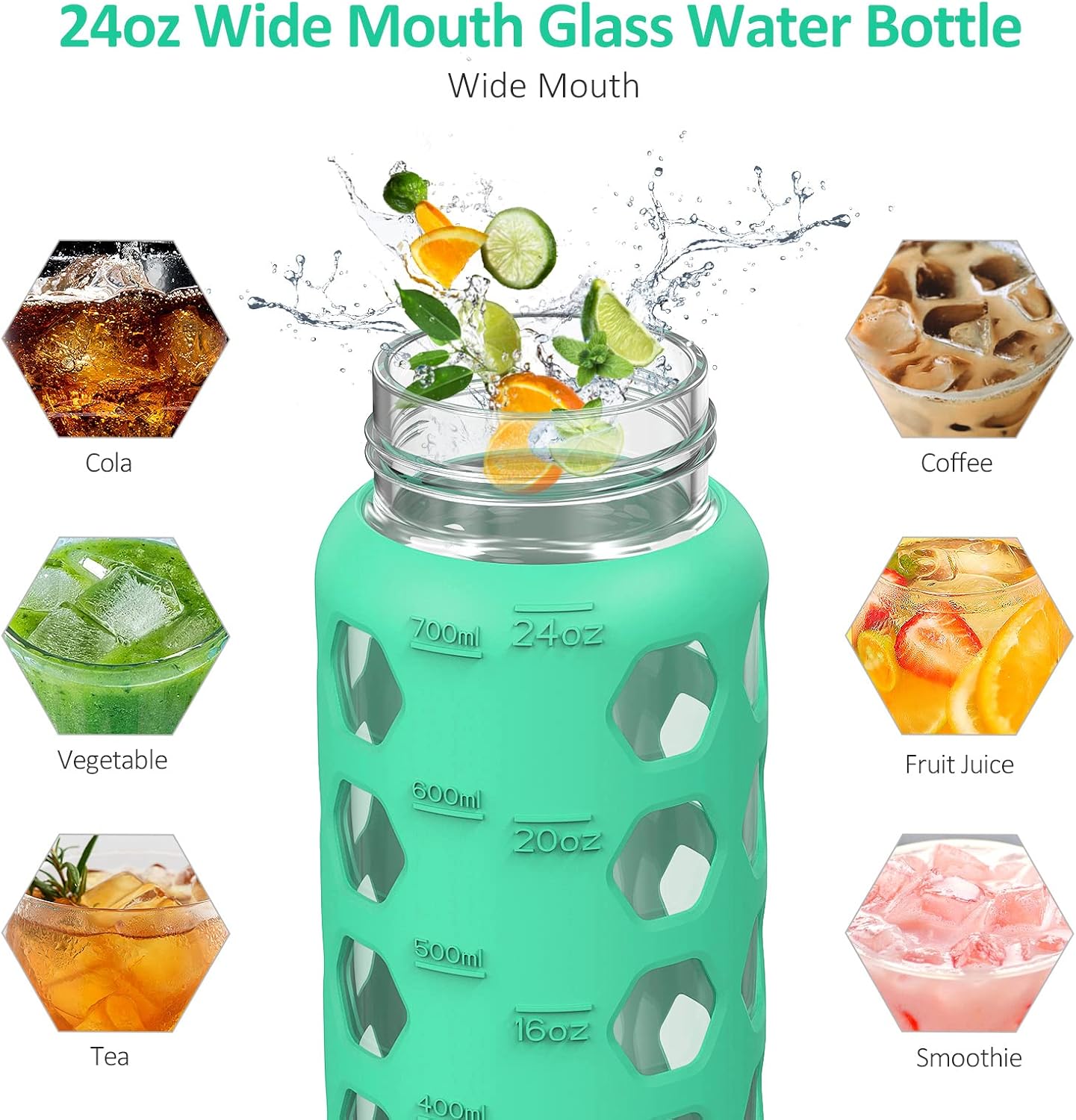 MUKOKO Glass Water Bottles, 32oz Glass Tumbler with Straw, Drinking Bottles with 2 Lids-Handle Spout Lid&Bamboo Straw Lid, Motivational Water Bottle with Time Marker and Silicone Sleeve, 1 Pack-Olive