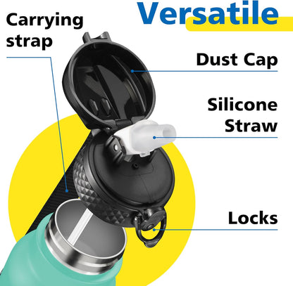 Han's Bottle Sports Water Bottle - 24 Oz, Straw Lid, Leak Proof, Vacuum Insulated Stainless Steel, Double Walled, Thermo Mug,Black
