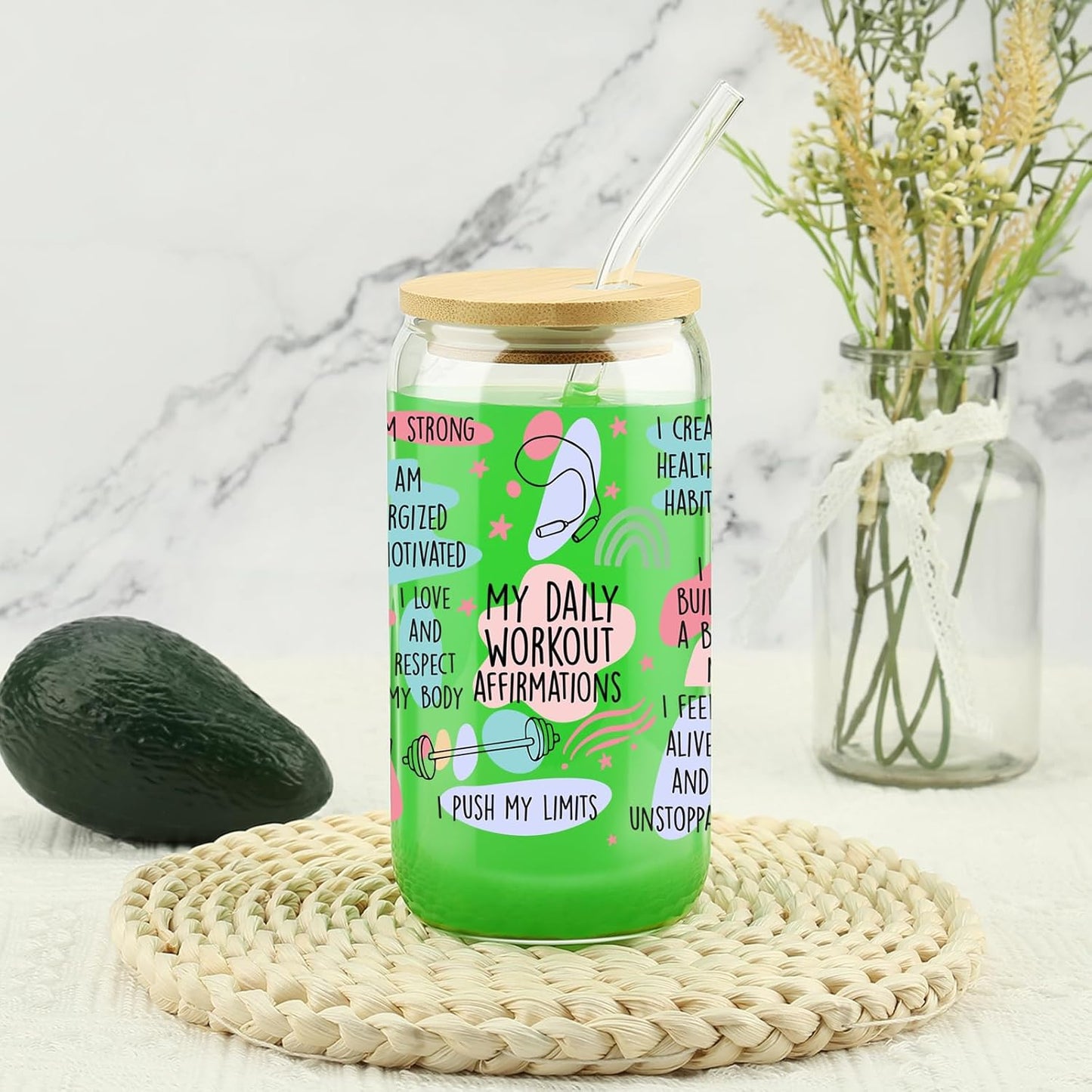 Birthday Gifts for Women Friendship, Christmas Inspirational Gifts for Friends, 16 Oz Drinking Glass Cups Tumbler W Lids Straws - Positive Daily Workout Affirmations Iced Coffee Cups, Christmas Gift