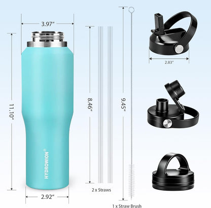 HYDROWION 32oz Stainless Steel Water Bottle(Cold for 48 Hrs, Hot for 24 Hrs),Double Wall Vacuum Insulated Water Bottle with Straw Lid, Spout Lid and Flex Cap, Fit in Any Car Cup Holder,Black