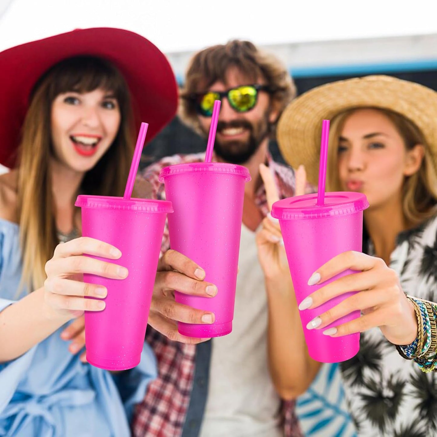 Hxezoc 16-Piece Reusable Cups with Lids and Straws, 24 oz Glitter Plastic Tumbler Iced Coffee Cups Travel Mug Cup for Smoothie Juices Beach or Bachelor Party (Black)