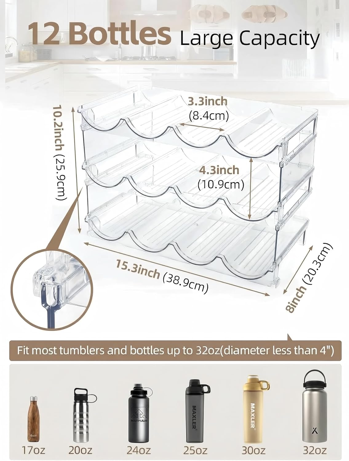 Stackable Water Bottle Organizer, 4-Tier Clear Large Compartment Holder with Stable One-Piece Side-Panel Design, Prevents Tipping & Rolling for Cabinet & Kitchen Storage, Holds 16 Bottles
