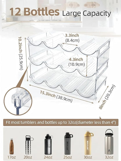Stackable Water Bottle Organizer, 4-Tier Clear Large Compartment Holder with Stable One-Piece Side-Panel Design, Prevents Tipping & Rolling for Cabinet & Kitchen Storage, Holds 16 Bottles