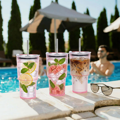 4 Pcs 20oz Plastic Ribbed Tumblers with Lid and Straws Blue Plastic Reusable Iced Coffee Cups with Lid Unbreakable Vintage Ribbed Drinking Glasses Tumbler for Juice Smoothie Beverage with Clean Brush
