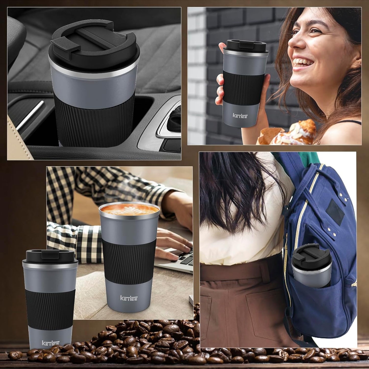 KETIEE Travel Coffee Mug Spill Proof 12oz, Insulated Travel Mug to Go, Reusable Coffee Cup with Seal Lid, Vacuum Stainless Steel Tumbler for Hot/Cold Drinks (Red)