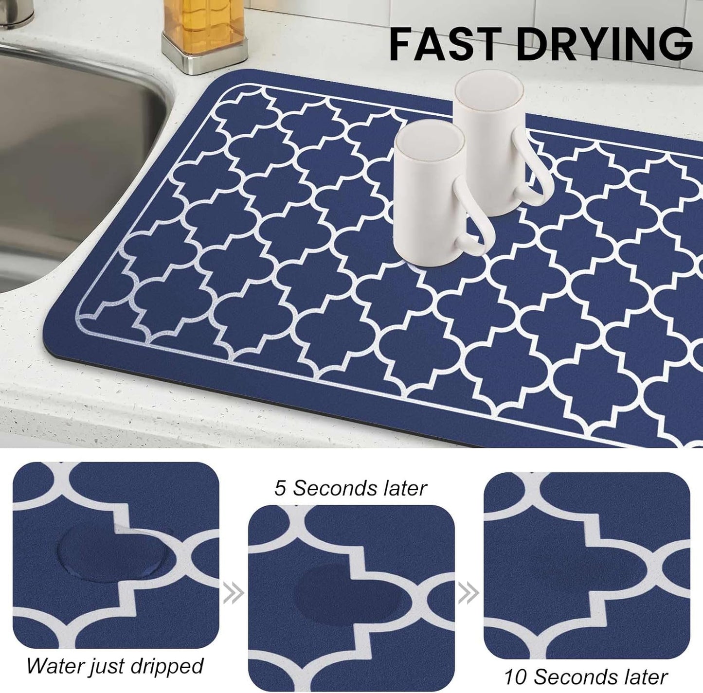 WISELIFE Dish Drying Mat Super Absorbent Drying Mat Large Dish Drying Mats for Kitchen Counter Easy Clean Dish Mat Kitchen Drying Mat15"x 18" Stylish Grey