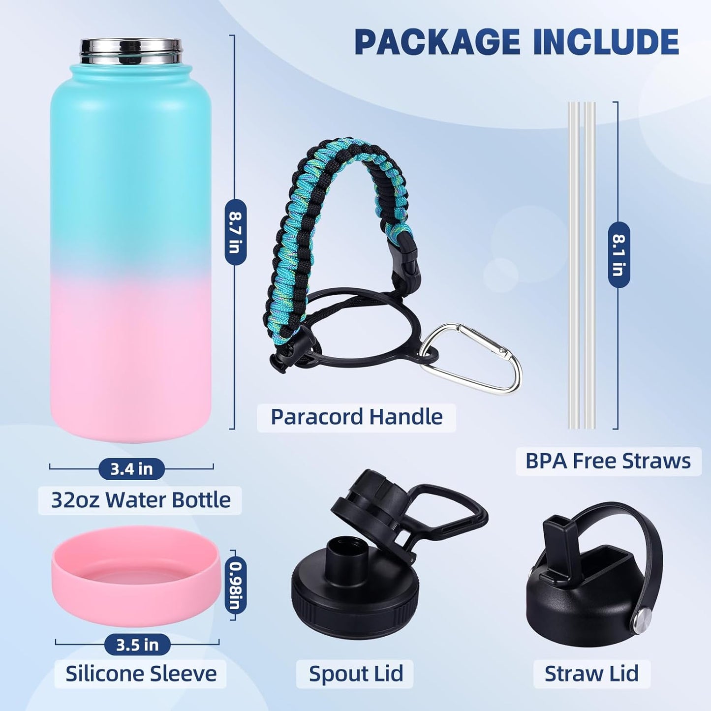 Insulated Water Bottle, 32 oz Stainless Steel Wide Mouth Water Bottles with 2 Leak Proof Lid and Paracord Handle, Double Wall Vacuum Insulated Sports Water Bottle, Purple Black