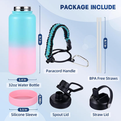 Insulated Water Bottle, 32 oz Stainless Steel Wide Mouth Water Bottles with 2 Leak Proof Lid and Paracord Handle, Double Wall Vacuum Insulated Sports Water Bottle, Purple Black