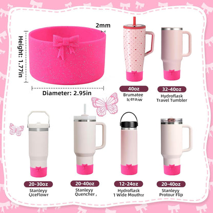 2PCS Bow Silicone Boot for Stanley Quencher Tumbler 30oz 40oz & IceFlow 20oz 30oz& Hydro Flask Water Bottle 12-24 oz Protective Bottom Sleeve Cover for Stanley Cup Accessories& Owala 24oz