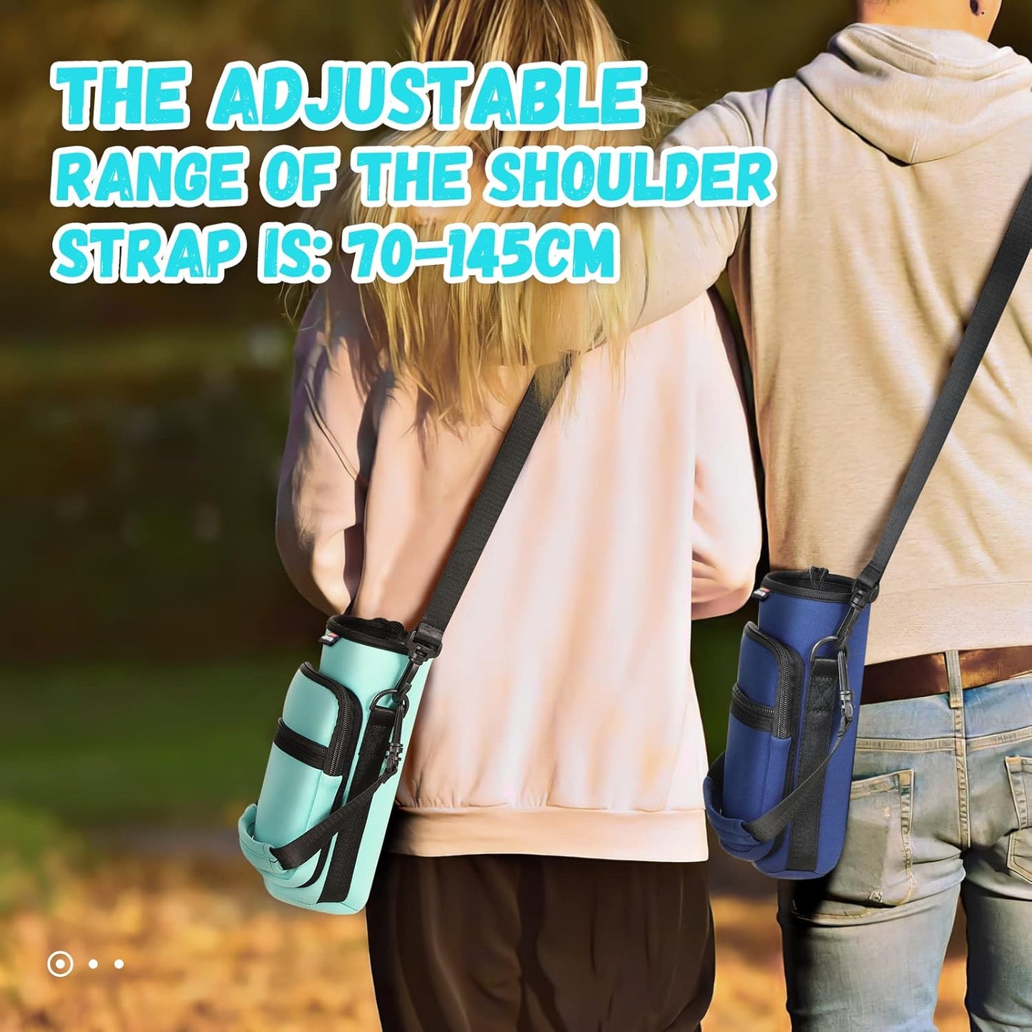 Nuovoware Water Bottle Carrier Bag,25oz/40oz/64oz Bottle Pouch Holder,Adjustable Shoulder Hand Strap 2 Pocket Sling Neoprene Sleeve Sports Accessories for Hiking Travelling Camping