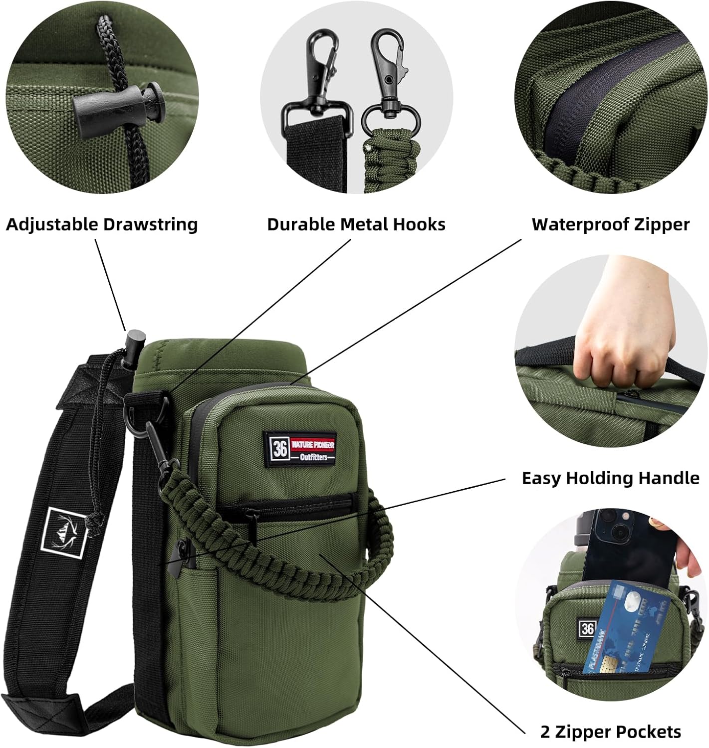 NATURE PIONEOR Water Bottle Holder with Adjustable Strap - 26/32/36/40/46/64oz Insulated Water Bottle Sling Carrier with Paracord Handle & 2 Pockets, Outdoor Sports, Hiking, Camping, Gym