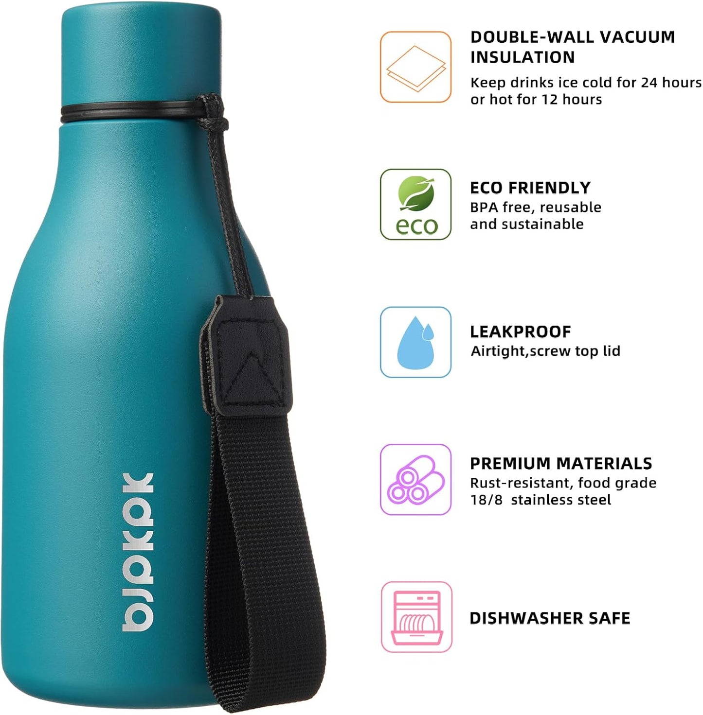 BJPKPK Insulated Water Bottles, 18 oz Stainless Steel Metal Water Bottle with Strap, BPA Free Leak Proof Jugs, Mugs, Flasks, Reusable Thermal Flasks for Sports & Travel, Black - Colors A