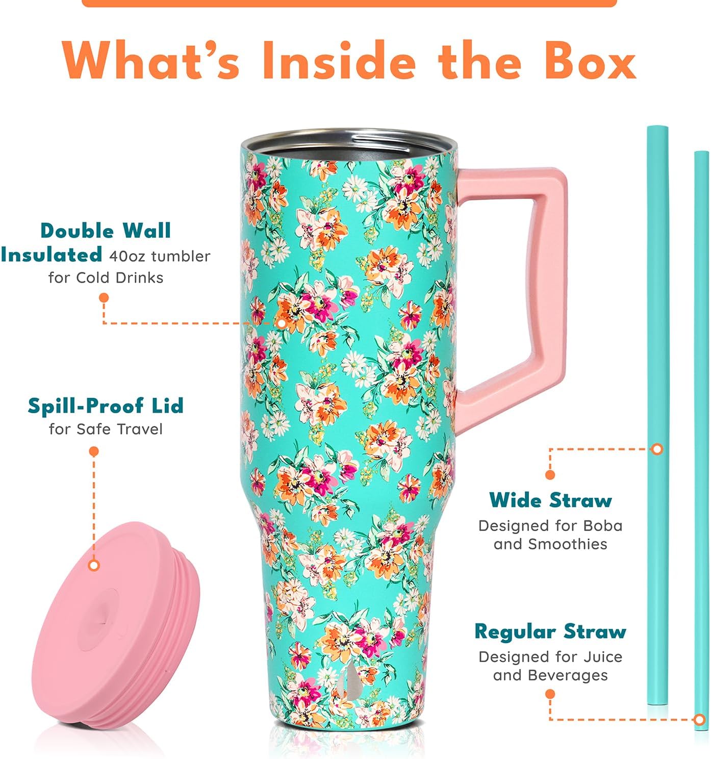 Elemental 32 oz 100% Leak Proof Tumbler with Handle & Straw - Stainless Steel Double Wall Insulated Tumbler for Hot and Cold Beverages - Travel Coffee Mug with Sip & Straw Lid - White - Colors B