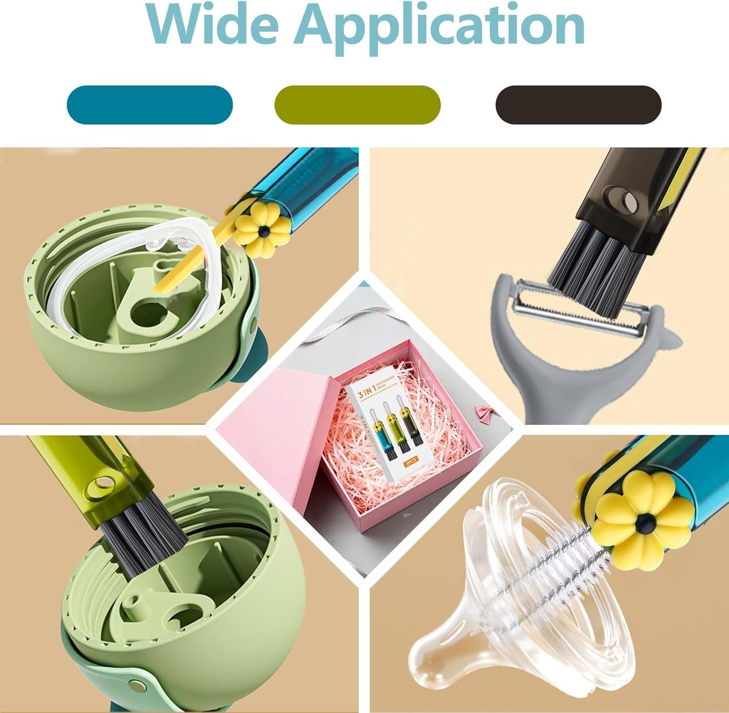 3 in 1 Cup Lid Cleaning Brush, 4PCS Multifunctional Crevice Cleaning Brush for Water Bottle Insulated Cup Tumbler Lid Groove Narrow Space Detail Cleaner Home Kitchen Gadgets