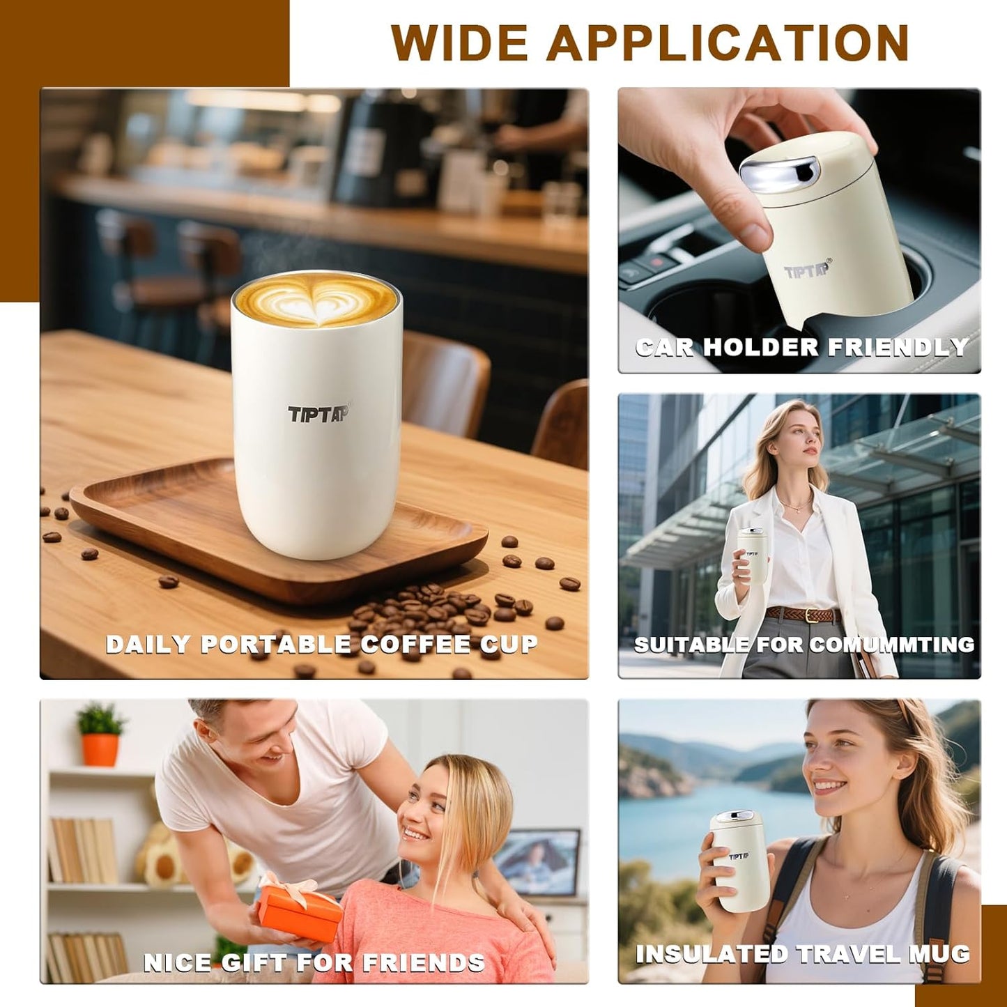 TIPTAP 12oz/350ml Stainless Steel Vacuum Insulated Tumbler, Coffee Travel Mug Spill Proof with Lid, Thermos Cup for Keep Hot/Ice Coffee, Chocolate, Tea and More (White)