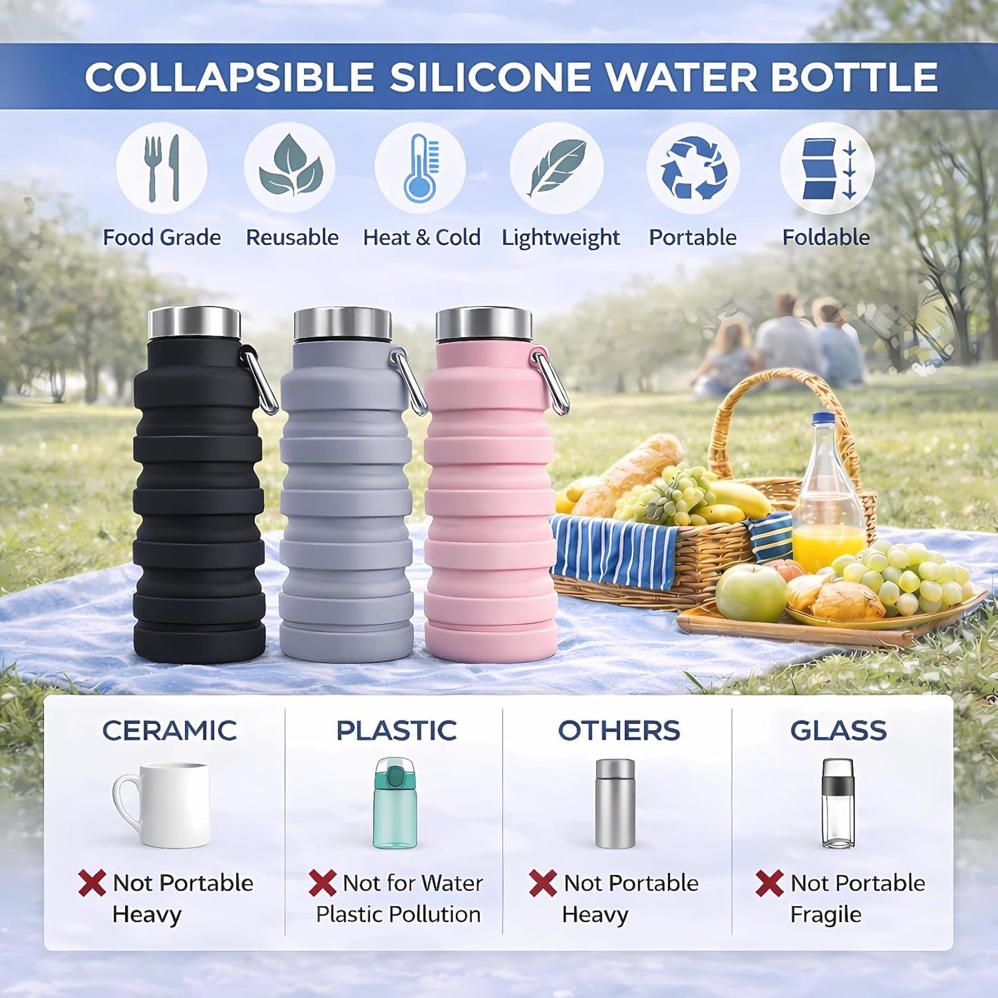 Collapsible Water Bottles,16oz Capacity Portable Reusable Silicone Water Bottle,Leak-proof,with buckle,foldable storage,Lightweight Durable for Fitness,Cycling,Sports,Camping,Hiking (Deep Black)