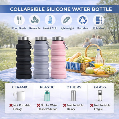 Collapsible Water Bottles,16oz Capacity Portable Reusable Silicone Water Bottle,Leak-proof,with buckle,foldable storage,Lightweight Durable for Fitness,Cycling,Sports,Camping,Hiking (Deep Black)