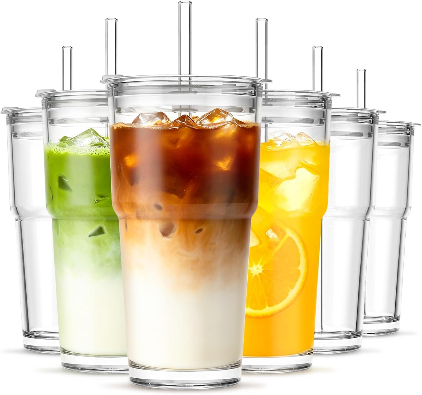 INSETLAN 13oz Portable Glass Tumblers Set of 2, Thick Wall Glass Cups with Lid and Glass Straw, On-the-Go Coffee Cups for Iced Coffee, Tea, Milk, Hot & Cold Drinks, Travel & Daily Use