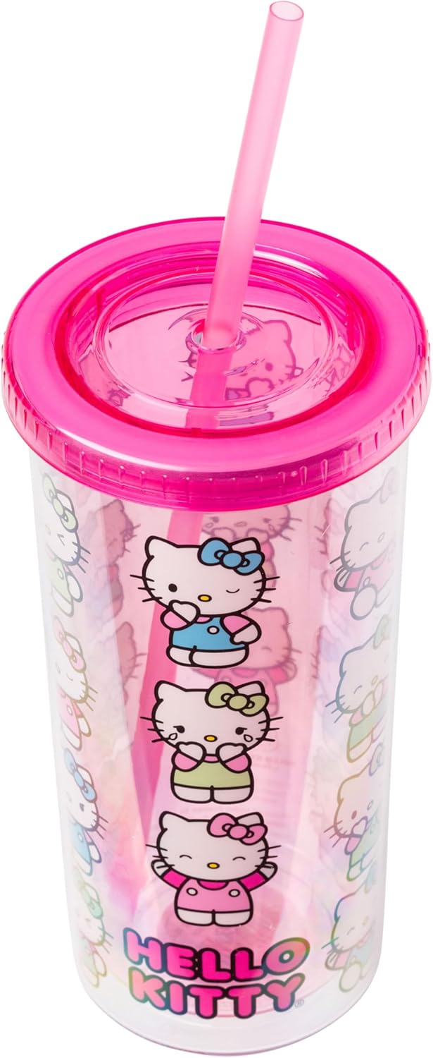 Silver Buffalo Sanrio Hello Kitty Milk Carton Pattern Plastic Boba Tumbler w Lid and Wide Straw, 24 Ounces