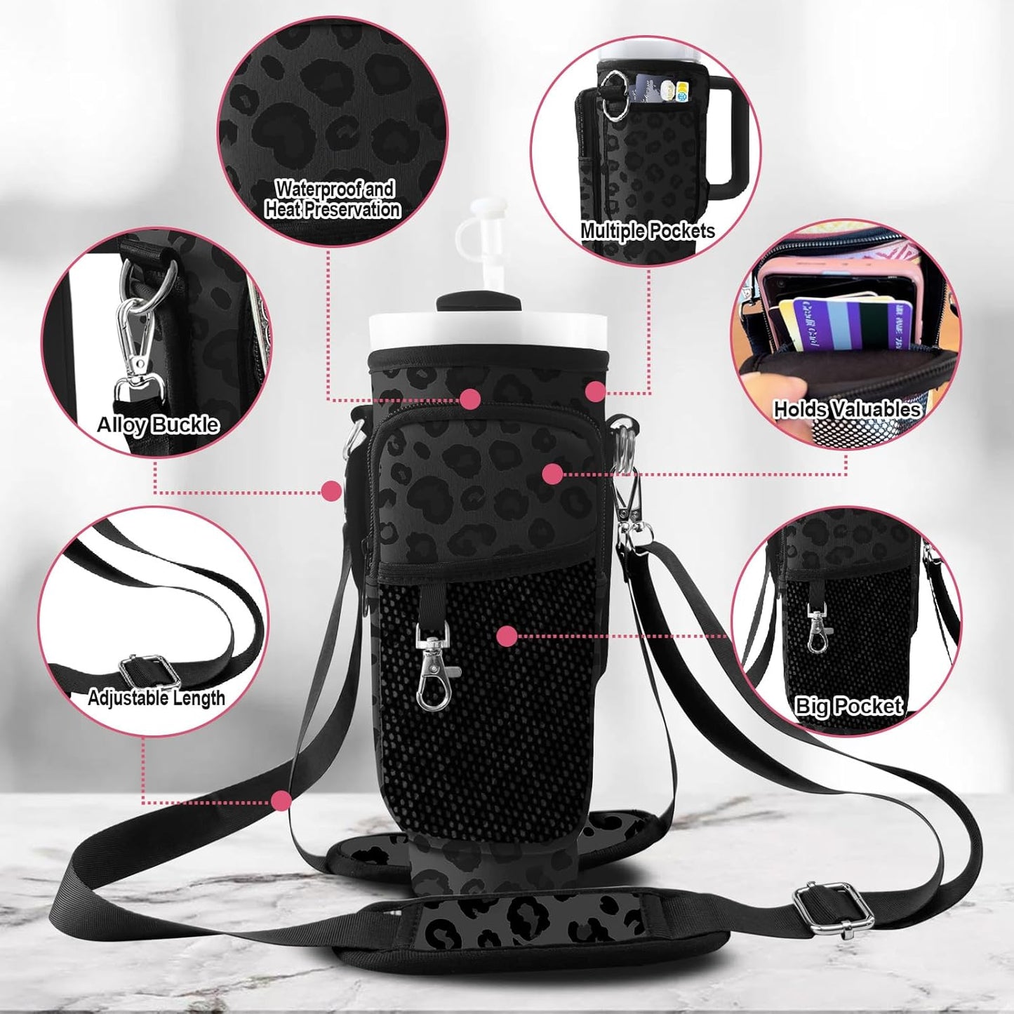 Stanley Carrier Bag for Stanley 40oz/30ozTumbler with Phone with 2 Adjustable Strap,3 Pockets Bottle Stanley Cup Carrier Bag & Case,Accessories for Hiking Travelling