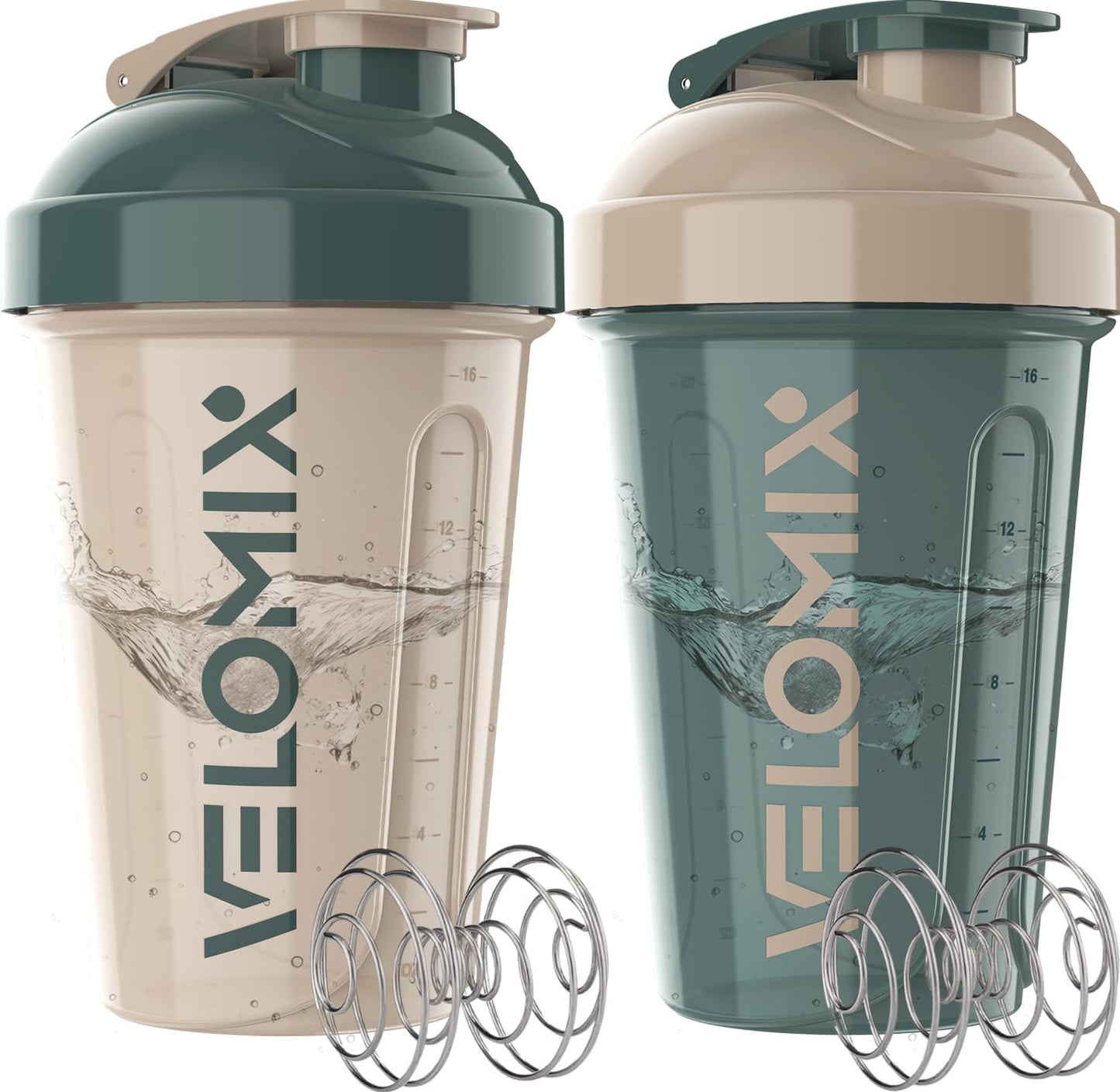 VELOMIX -2 Pack- 20 oz Protein Shaker Bottles for Protein Mixes - 2x Wire Whisk | Leak Proof Shaker Cups for Protein Shakes and Pre Workout | Protein Shaker Bottle Pack (Black/Transparent)