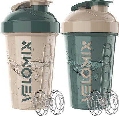 VELOMIX -2 Pack- 20 oz Protein Shaker Bottles for Protein Mixes - 2x Wire Whisk | Leak Proof Shaker Cups for Protein Shakes and Pre Workout | Protein Shaker Bottle Pack (Black/Transparent)