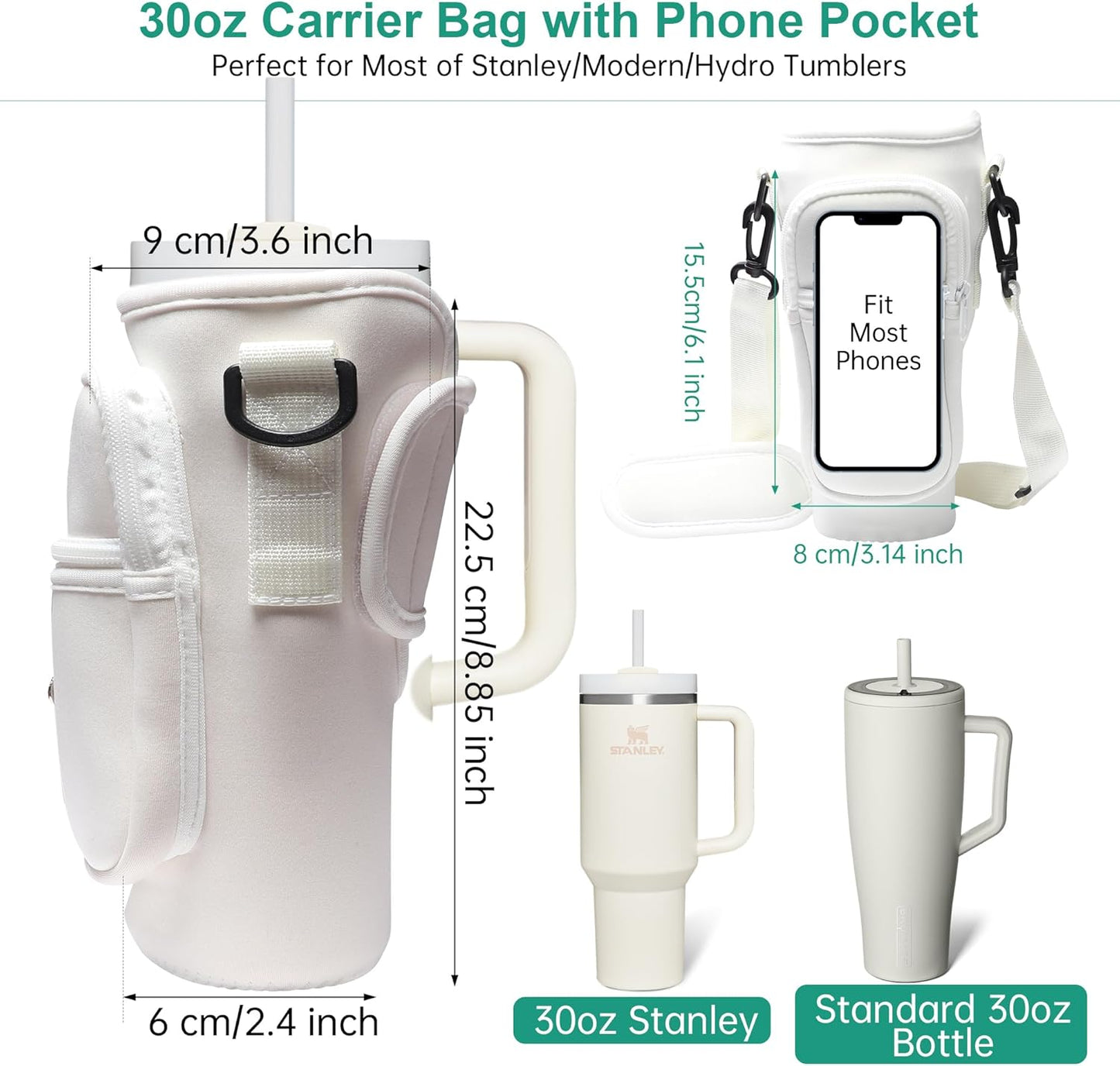 Water Bottle Carrier Bag with Strap for Stanley Cup 40oz/30oz with Phone Pocket, Neoprene Cross-Body Insulated Water Bottle Holder for Tumbler with Handle, Stanley Cup Accessories