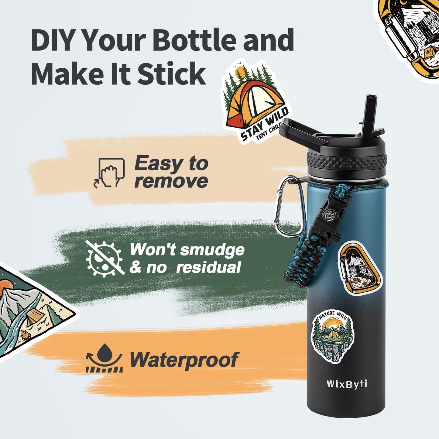 WixByti 40 oz Insulated Water Bottle with Straw (Cold for 36 Hrs), Stainless Steel Triple Wall Vacuum Sports Water Jug, Leakproof Hydro Cup Flask with Paracord Handle & Straw Spout Lids & DIY Stickers