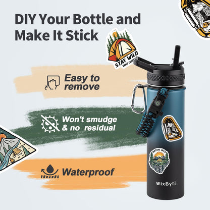WixByti 40 oz Insulated Water Bottle with Straw (Cold for 36 Hrs), Stainless Steel Triple Wall Vacuum Sports Water Jug, Leakproof Hydro Cup Flask with Paracord Handle & Straw Spout Lids & DIY Stickers