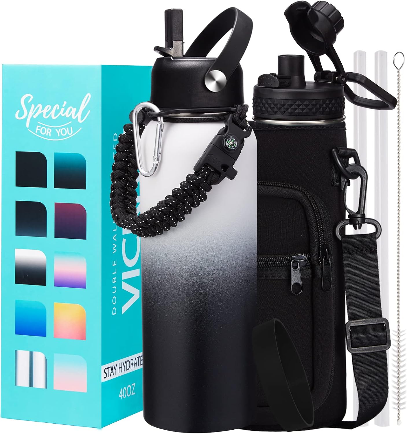 32/40/64OZ Insulated Water Bottle - Keep Cold 48H Hot 24H, Combo Straw/Spout Lids, Paracord Handle for Gym/Hiking, Carrier Bag +Strap, Cup Mat, BPA-Free Stainless Steel Flask Jug