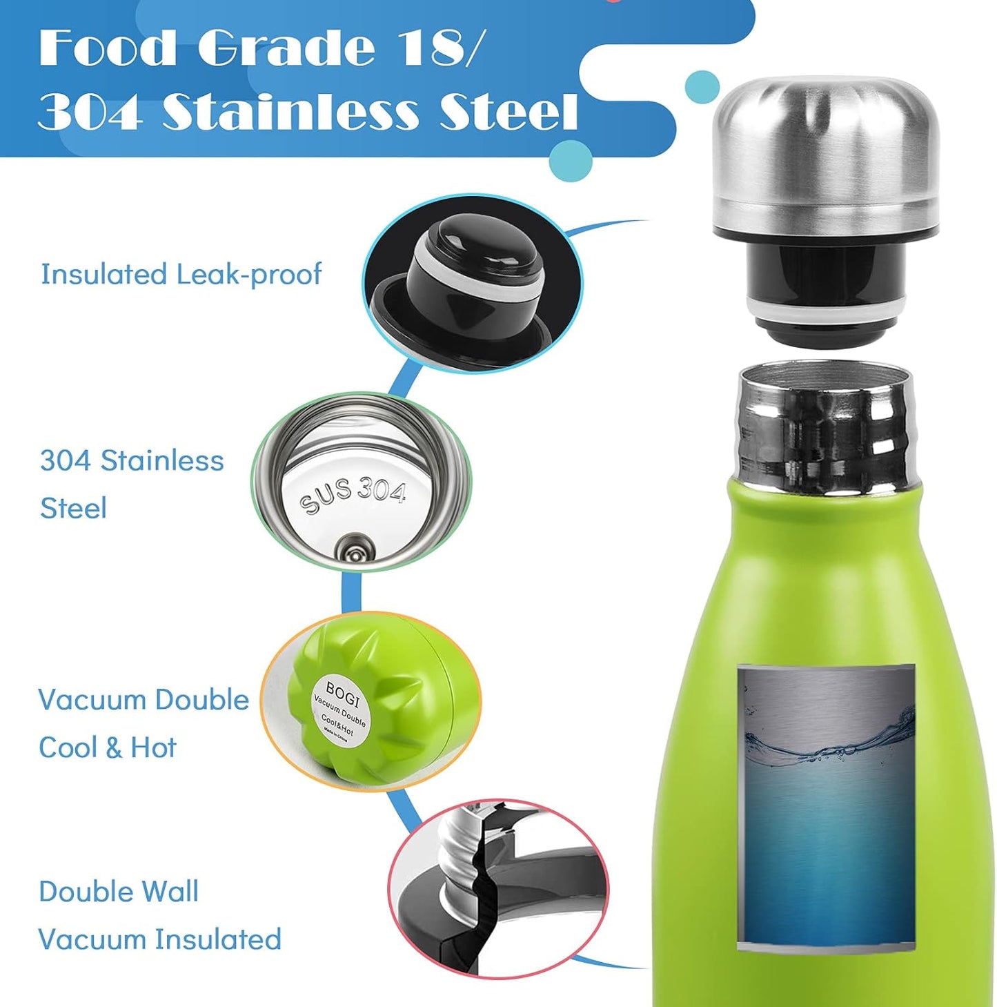 BOGI 17oz Insulated Water Bottle Double Wall Vacuum Stainless Steel Water Bottles, Leak Proof Metal Sports Water Bottle Keeps Drink Hot and Cold - Perfect for Outdoor Sports Camping Biking (Purple)