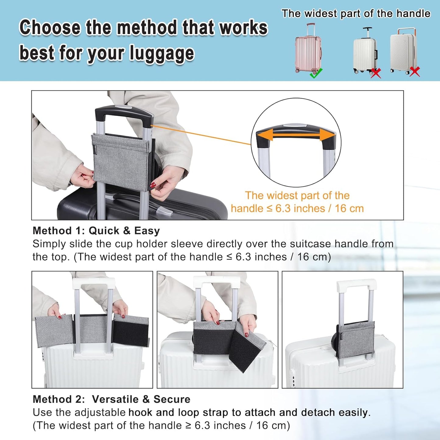 Vigorport Luggage Travel Cup Holder, Folding Drink Caddy for Suitcases - Hold Two Coffee Mugs Traveler Carry on Hands Free Accessory (Hook & Loop)