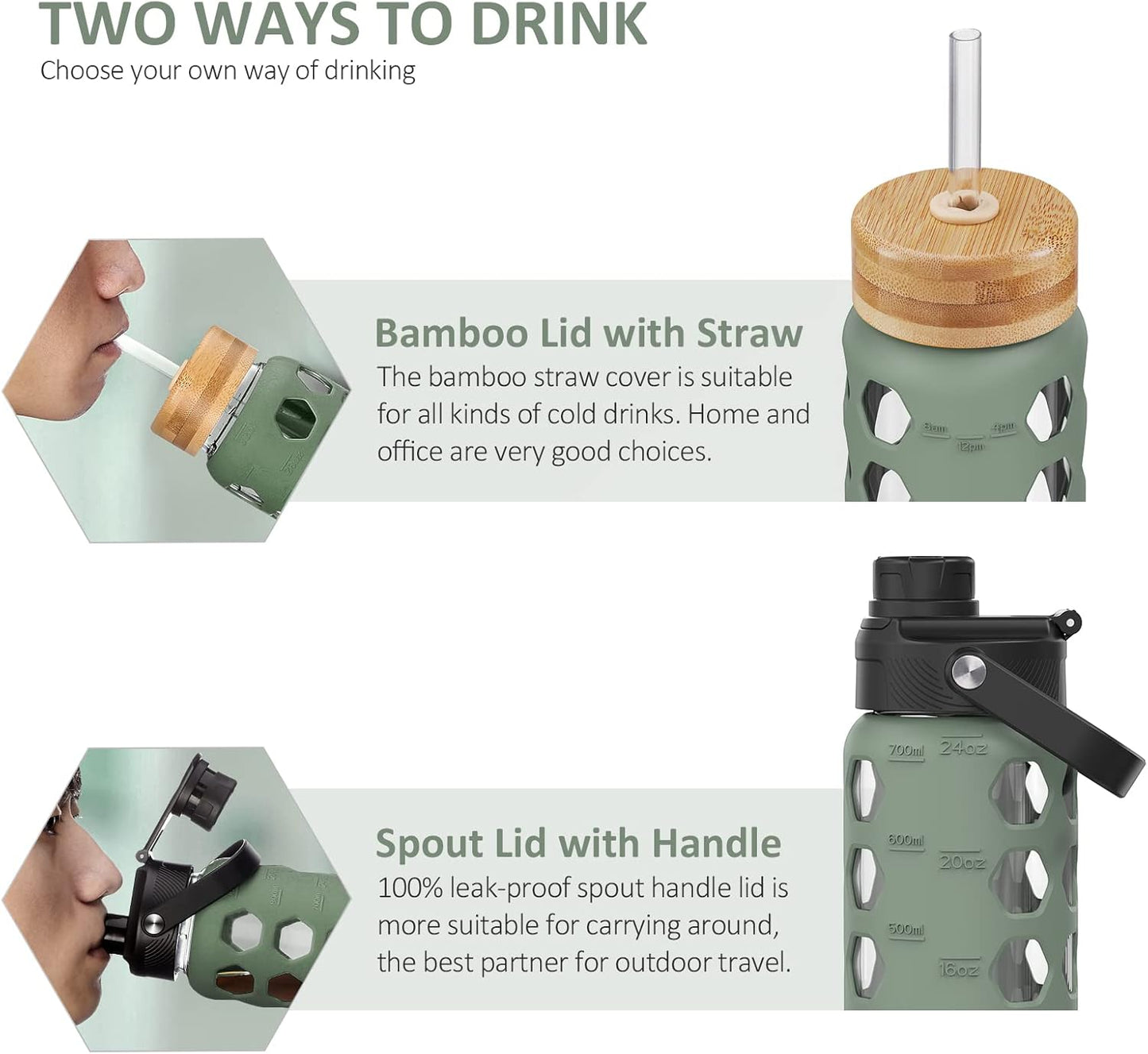 MUKOKO Glass Water Bottles, 32oz Glass Tumbler with Straw, Drinking Bottles with 2 Lids-Handle Spout Lid&Bamboo Straw Lid, Motivational Water Bottle with Time Marker and Silicone Sleeve, 1 Pack-Olive