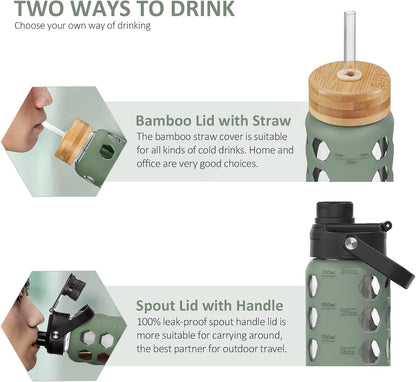 MUKOKO Glass Water Bottles, 32oz Glass Tumbler with Straw, Drinking Bottles with 2 Lids-Handle Spout Lid&Bamboo Straw Lid, Motivational Water Bottle with Time Marker and Silicone Sleeve, 1 Pack-Olive