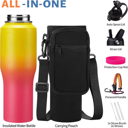 Insulated Water Bottle 40 oz - Fits in any Car Cup Holder, Keep Cold 48H Hot 24H, Stainless Steel Waterbottle Double Wall Flask with Straw, Pop-up Spout Lid, Paracord Handle, Carrier Bag